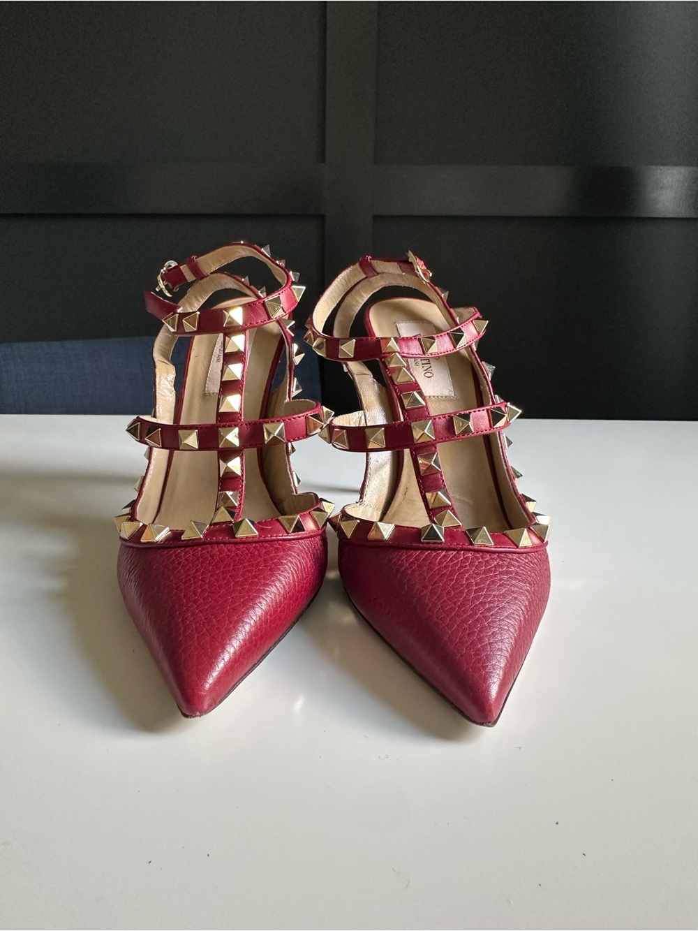 Valentino Garavani Red Leather Rockstud Strappy Pointed-Toe Pumps